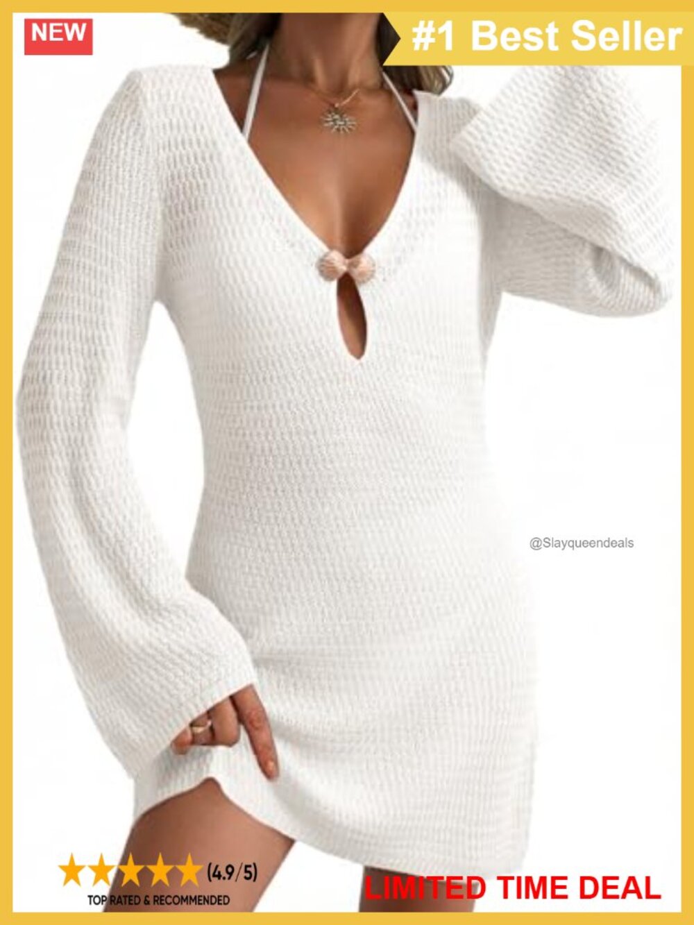 Crochet Knit Hollow Out Beach Swim Cover Up Dress Long Sleeve